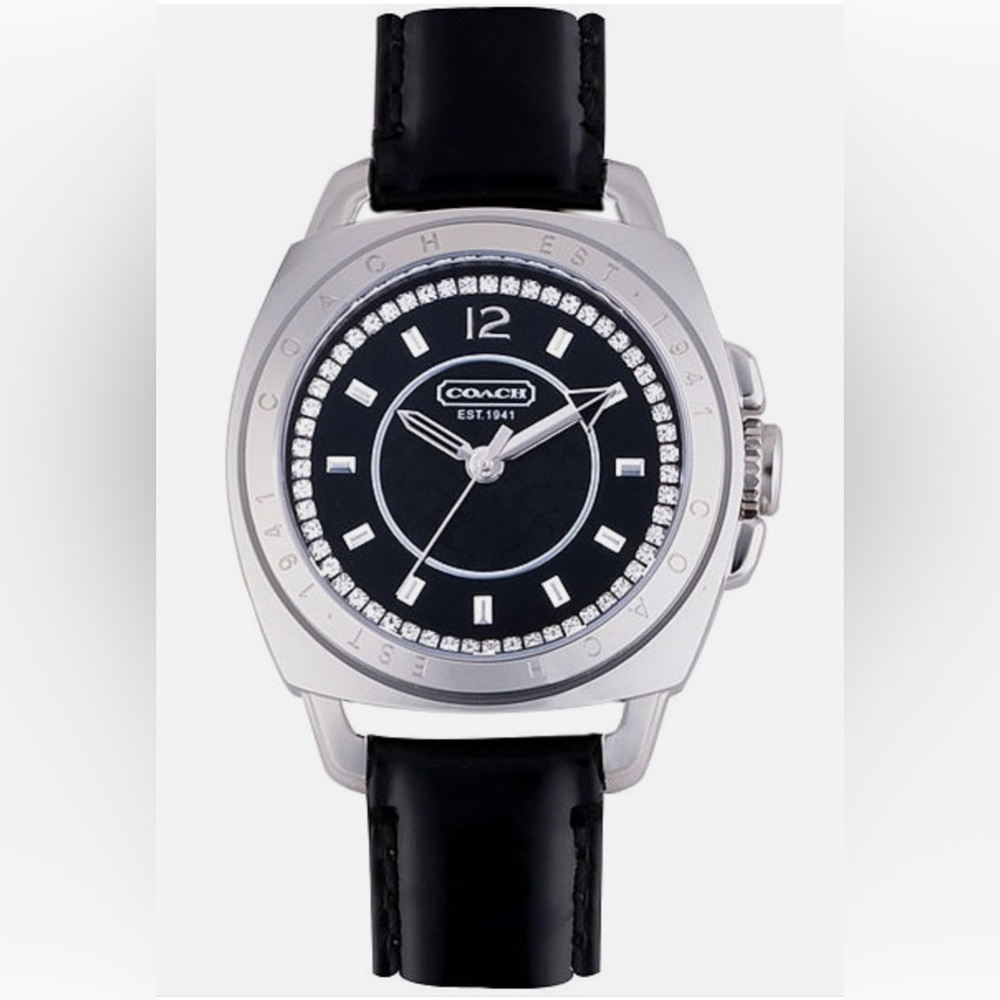 Coach Women “Boyfriend Watch” Black Dial Chrystal Bezel Patent Leather Strap